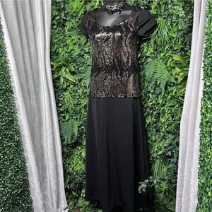 Nina Piu Dress Women Large Black‎ gold Sequin Gown Formal Wedding Elegant 2536